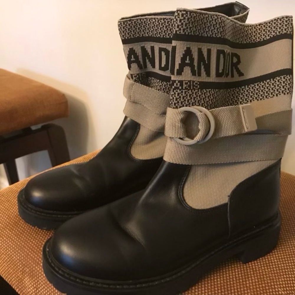 Dior Black Leather & Beige Knit Logo Ankle Boots authentic 100 - Picture 3 of 7